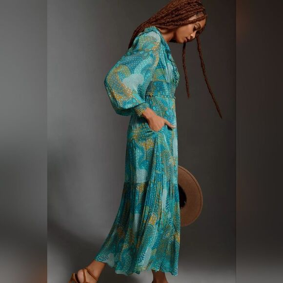 Anthropologie Odetta Ruffle V-Neck Midi Dress In Turquoise Size Extra Small NWT - Picture 7 of 8